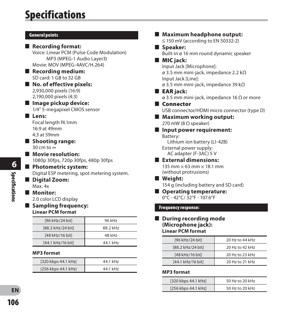Specifications | Olympus LS-20M User Manual | Page 106 / 112