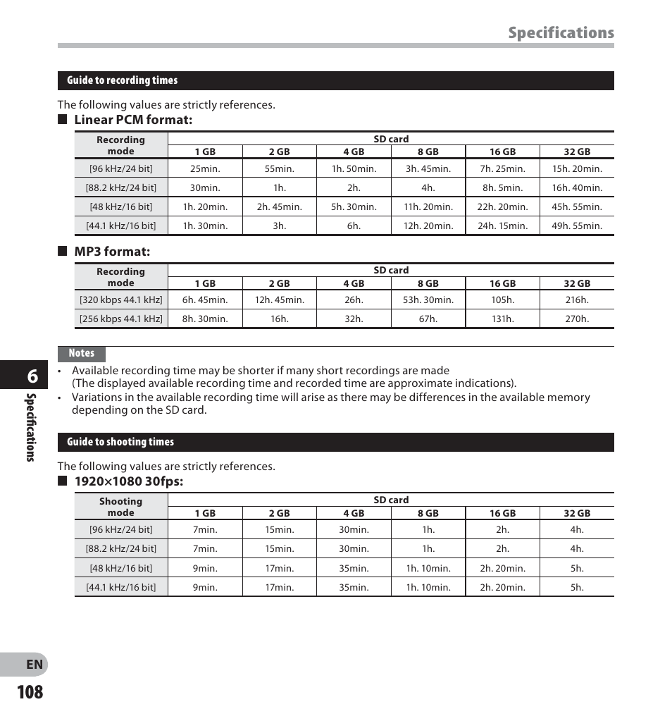 Specifications, 4 linear pcm format, 4 mp3 format | Specifi c ations | Olympus LS-20M User Manual | Page 108 / 112