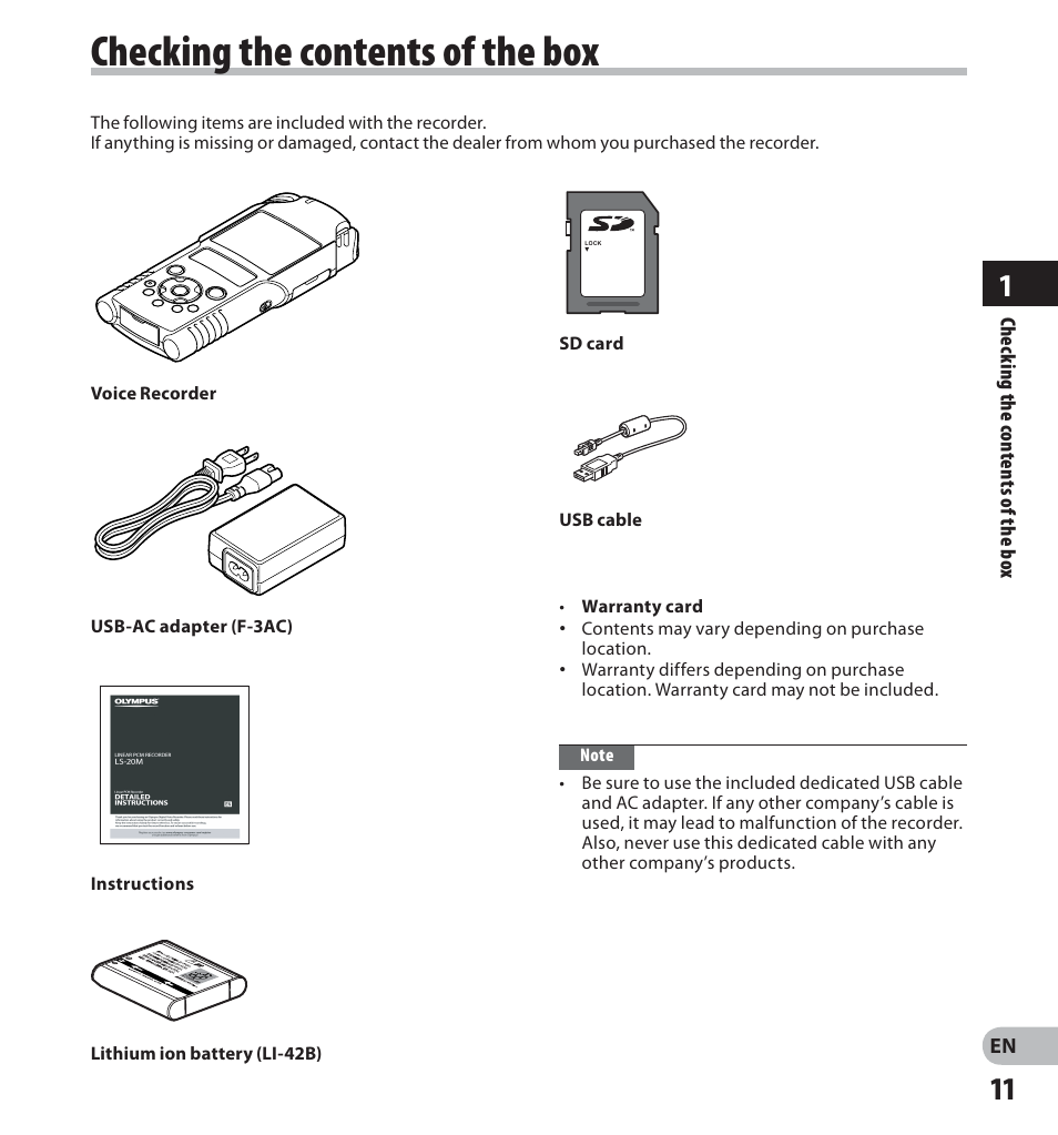 Checking the contents of the box | Olympus LS-20M User Manual | Page 11 / 112