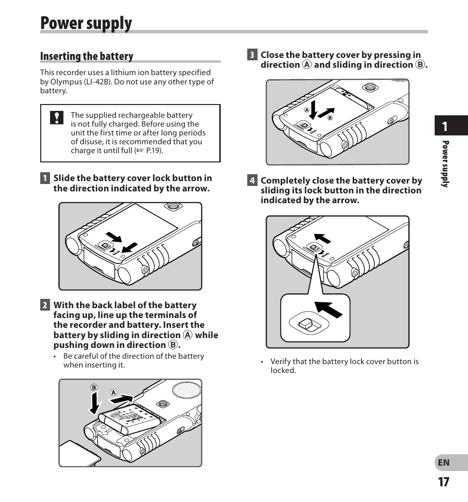 Power supply, Inserting the battery | Olympus LS-20M User Manual | Page 17 / 112