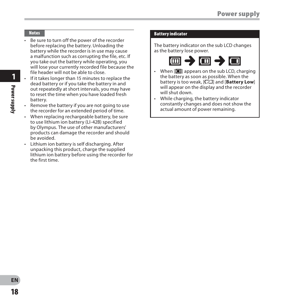 Power supply | Olympus LS-20M User Manual | Page 18 / 112