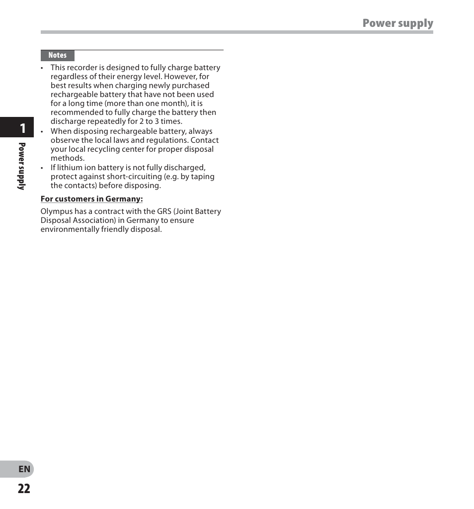 Power supply | Olympus LS-20M User Manual | Page 22 / 112