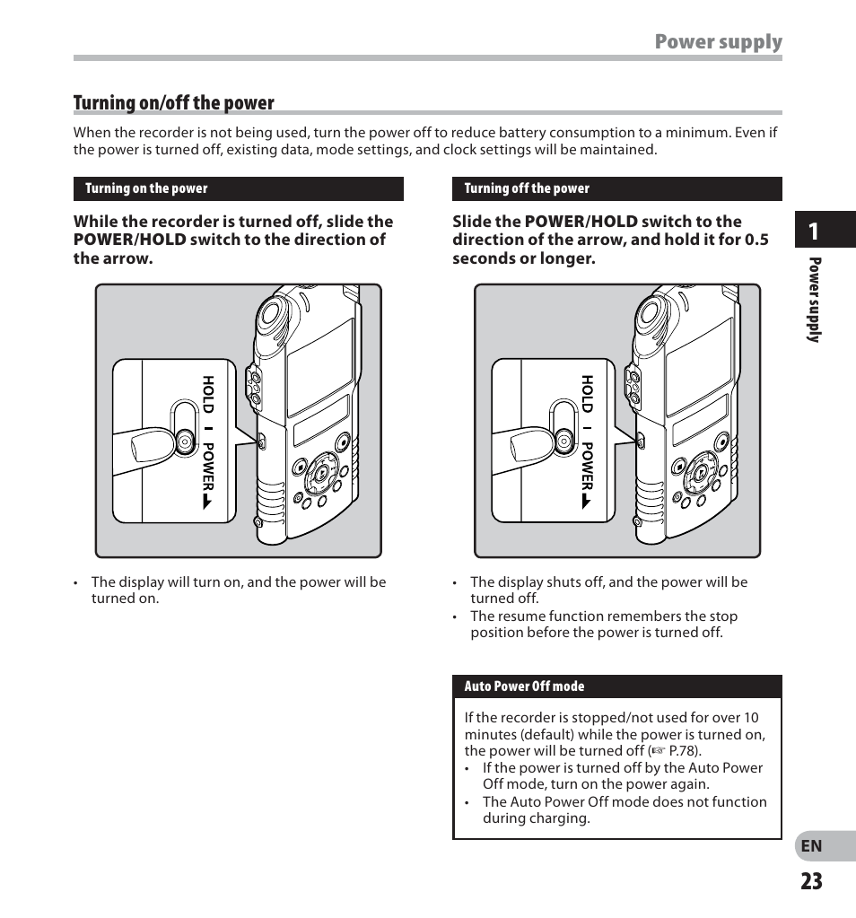Turning on/off the power, Power supply | Olympus LS-20M User Manual | Page 23 / 112