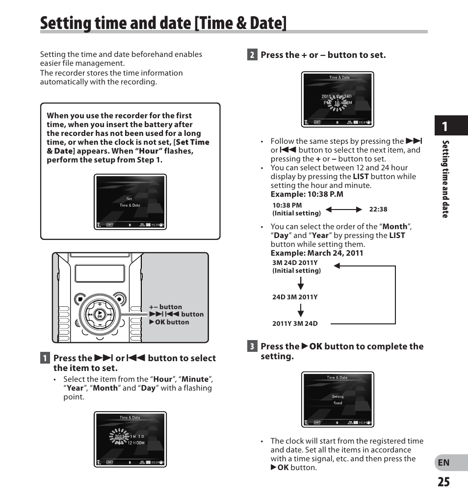 Setting time and date [time & date | Olympus LS-20M User Manual | Page 25 / 112