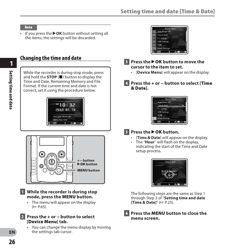 Changing the time and date, Setting time and date [time & date | Olympus LS-20M User Manual | Page 26 / 112