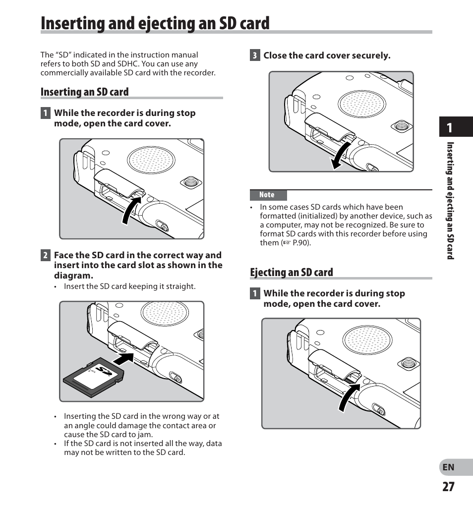 Inserting and ejecting an sd card, Ejecting an sd card, Inserting an sd card | Olympus LS-20M User Manual | Page 27 / 112