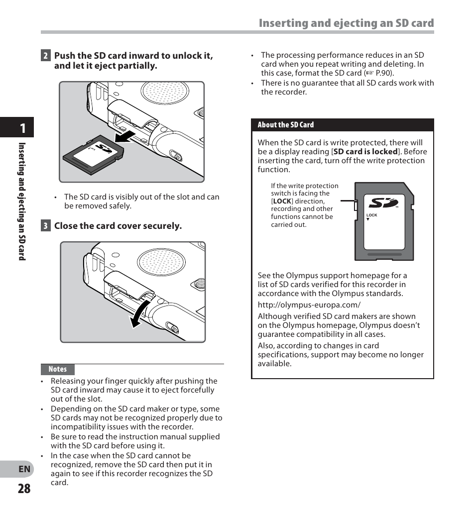 Inserting and ejecting an sd card | Olympus LS-20M User Manual | Page 28 / 112