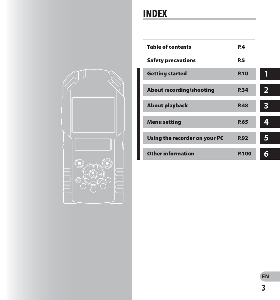 Index | Olympus LS-20M User Manual | Page 3 / 112