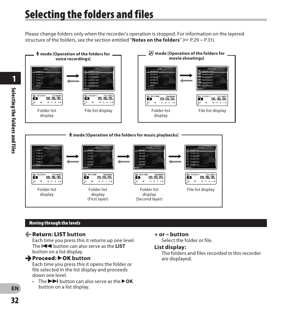 Selecting the folders and files | Olympus LS-20M User Manual | Page 32 / 112