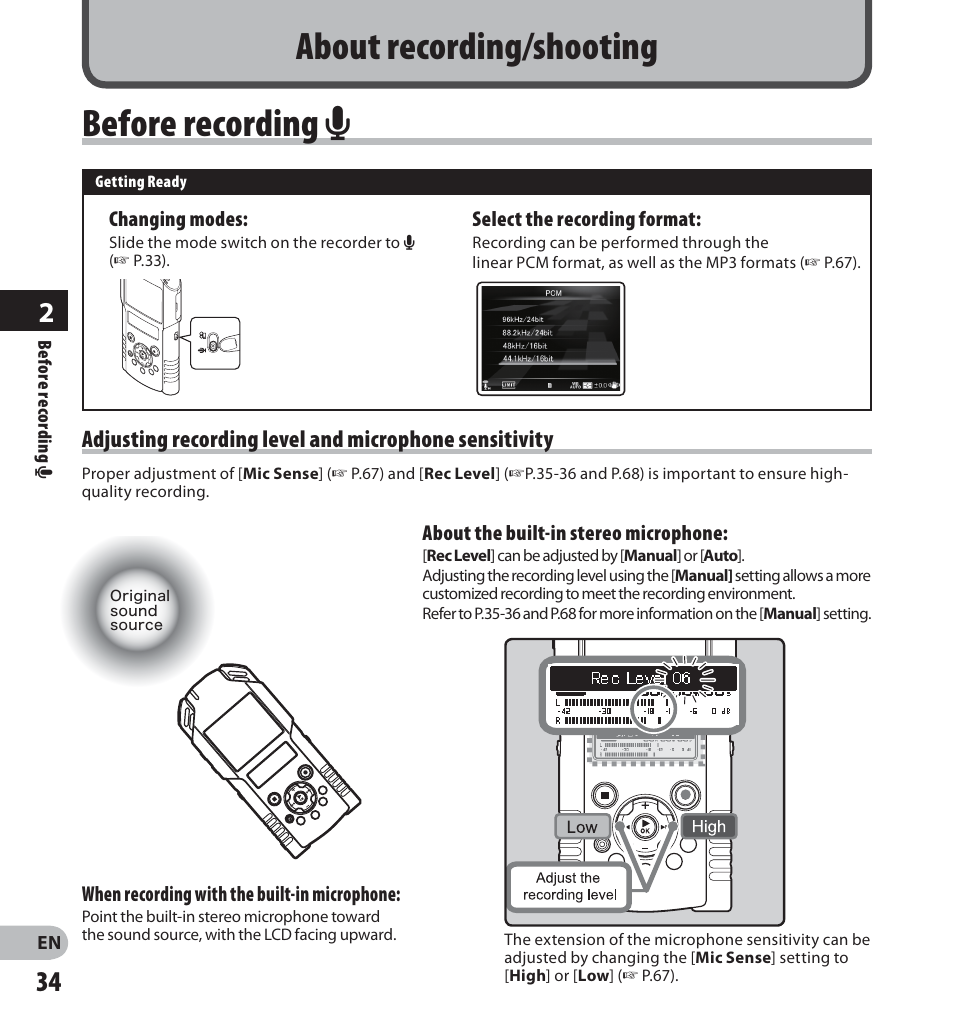 About recording/shooting before recording a | Olympus LS-20M User Manual | Page 34 / 112