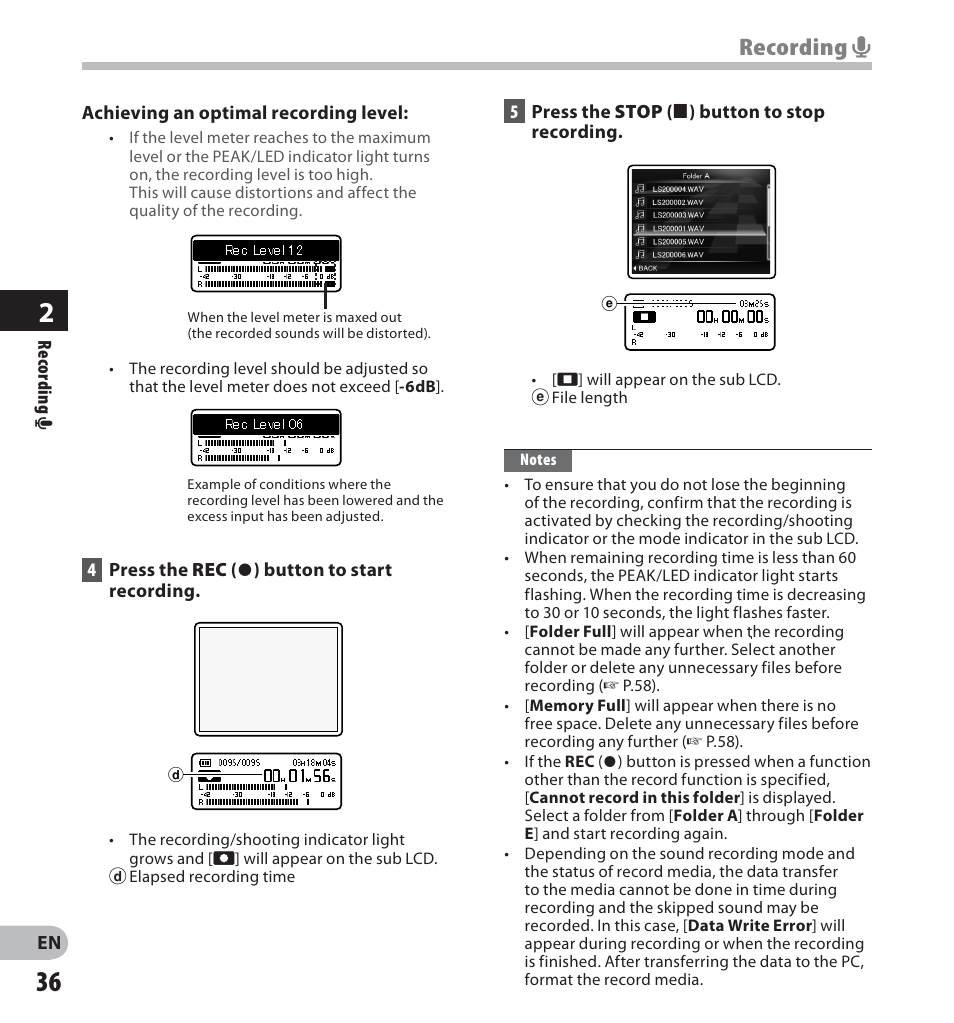 Recording a | Olympus LS-20M User Manual | Page 36 / 112