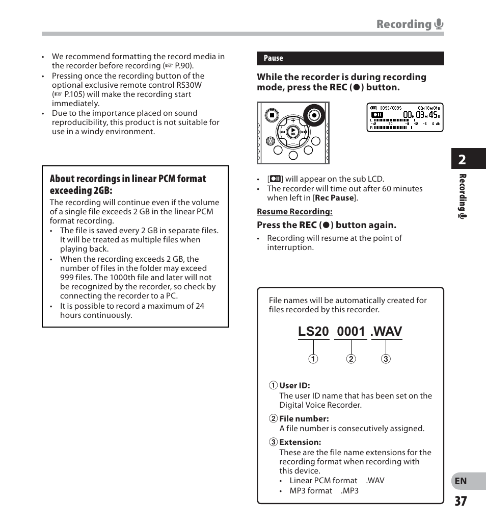 Recording a | Olympus LS-20M User Manual | Page 37 / 112