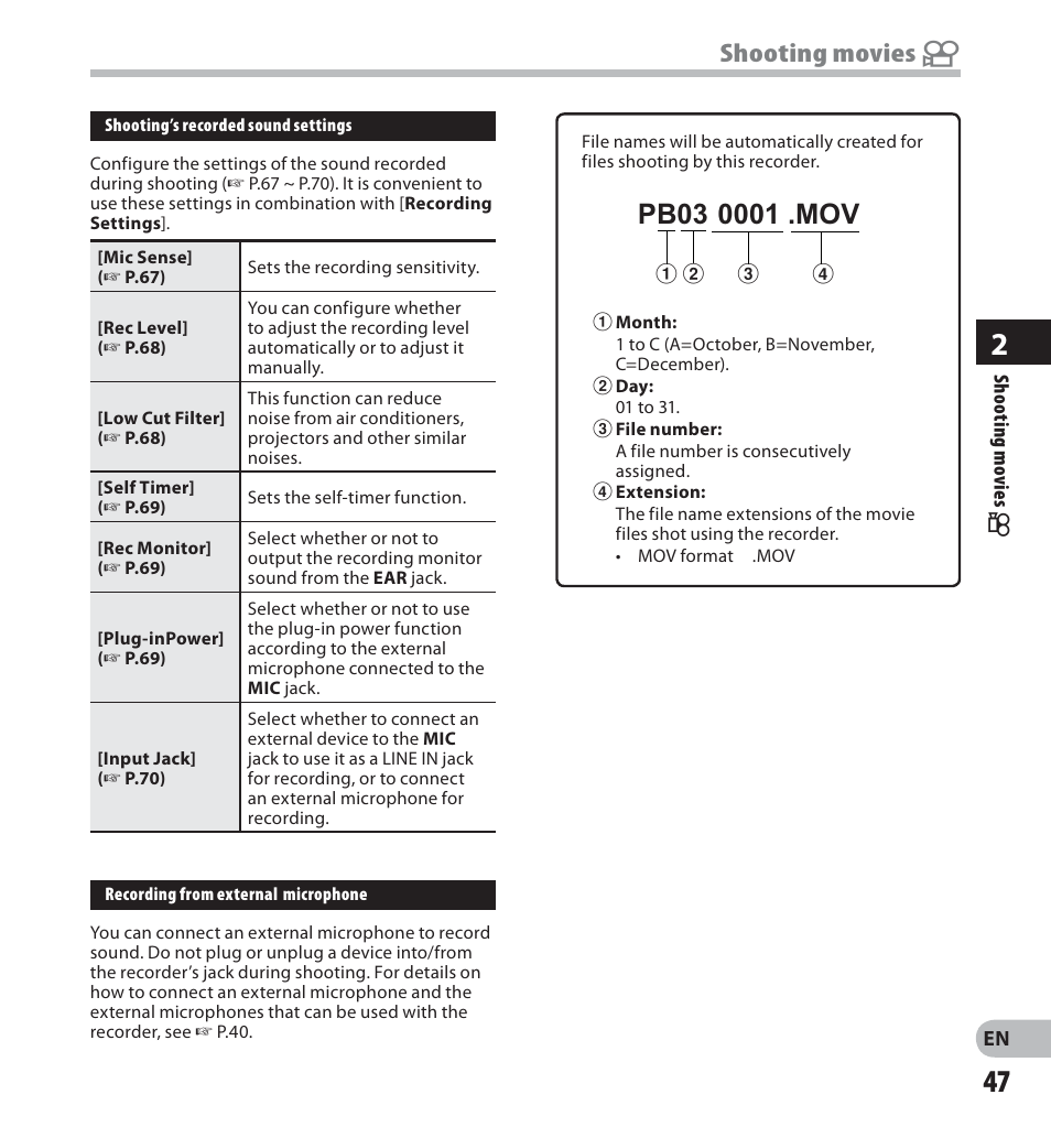 Shooting movies n | Olympus LS-20M User Manual | Page 47 / 112