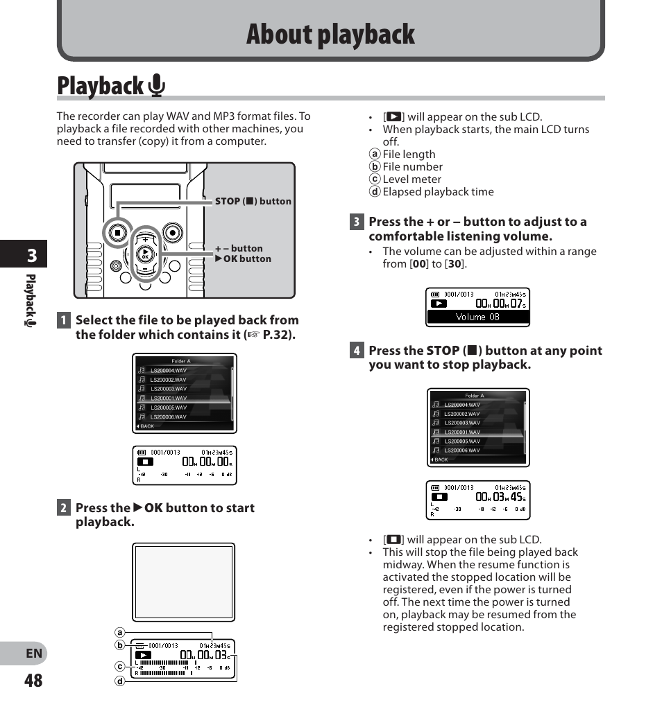 About playback, Playback a | Olympus LS-20M User Manual | Page 48 / 112