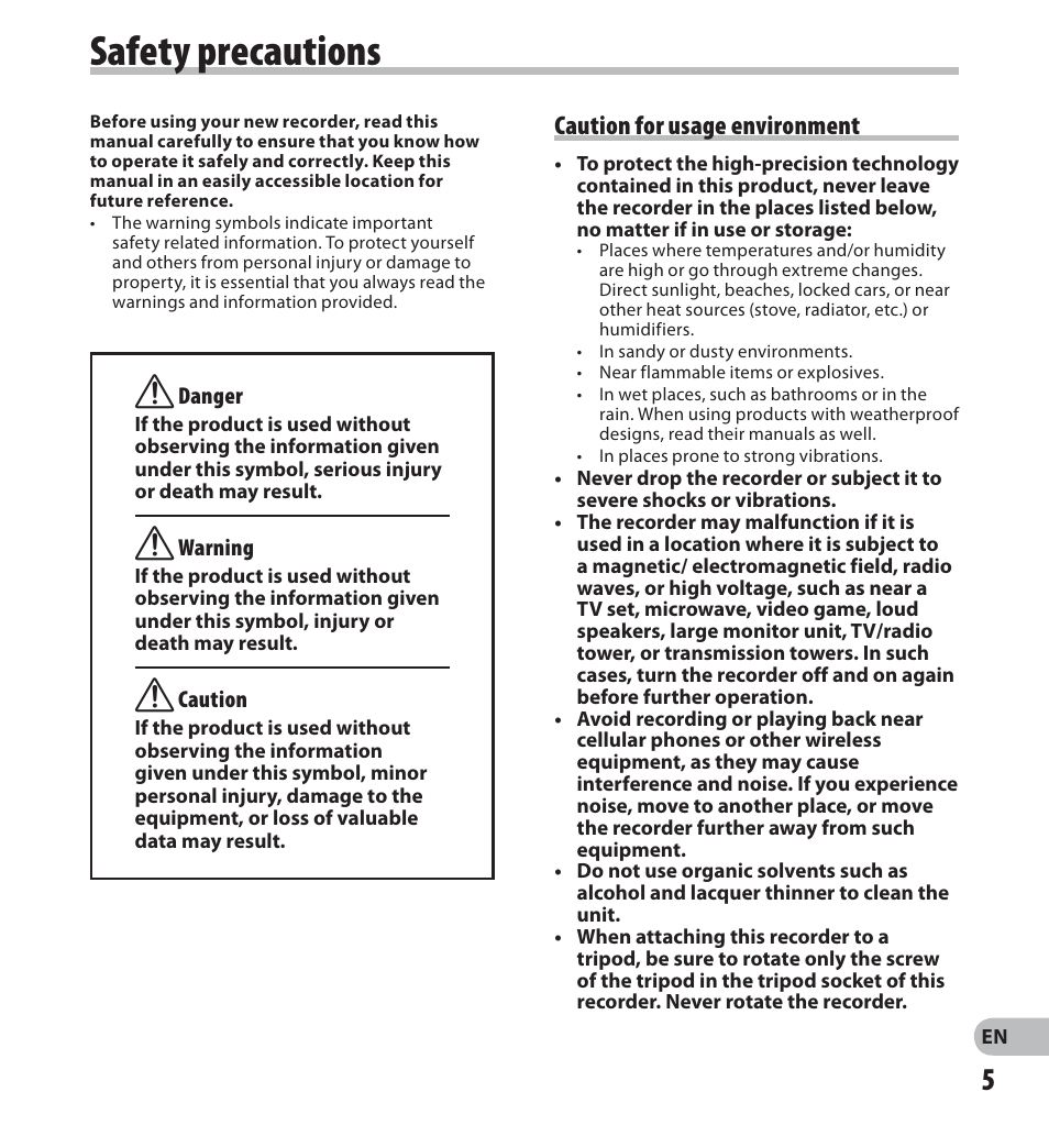 Safety precautions, Caution for usage environment | Olympus LS-20M User Manual | Page 5 / 112