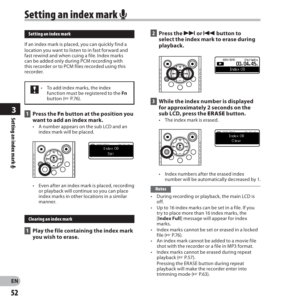Setting an index mark a | Olympus LS-20M User Manual | Page 52 / 112