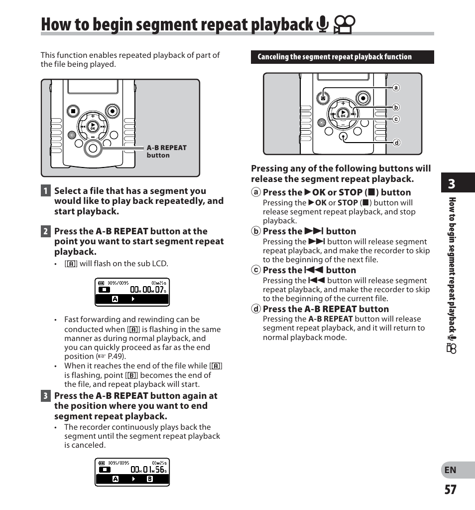 How to begin segment repeat playback a n | Olympus LS-20M User Manual | Page 57 / 112