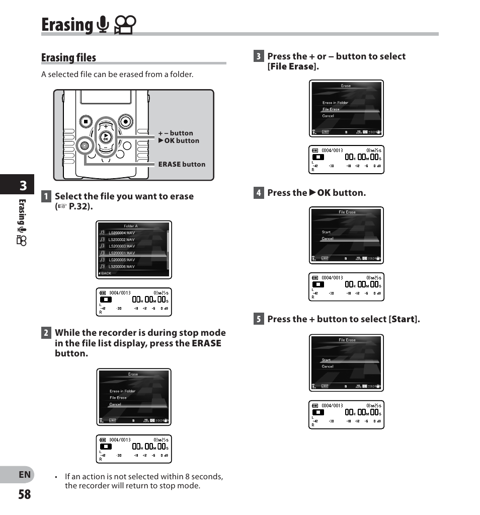 Erasing a n, Erasing files | Olympus LS-20M User Manual | Page 58 / 112