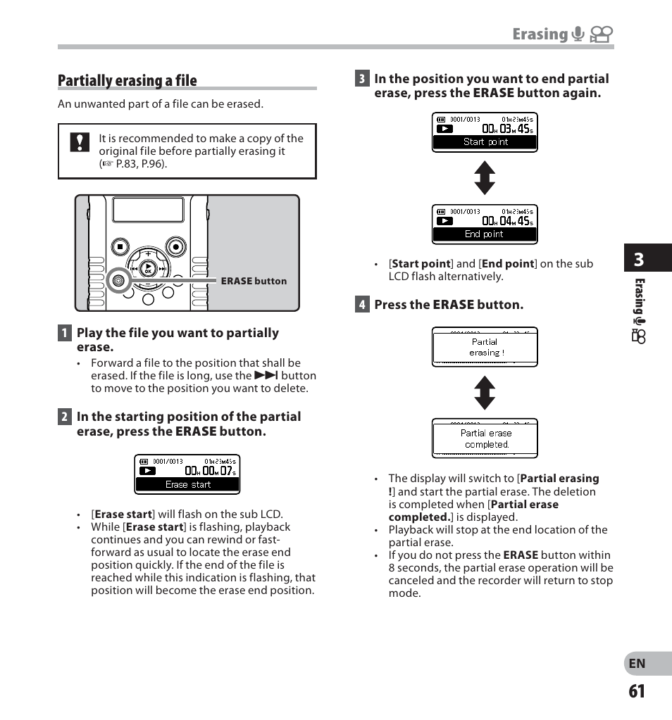 Erasing a n partially erasing a file | Olympus LS-20M User Manual | Page 61 / 112