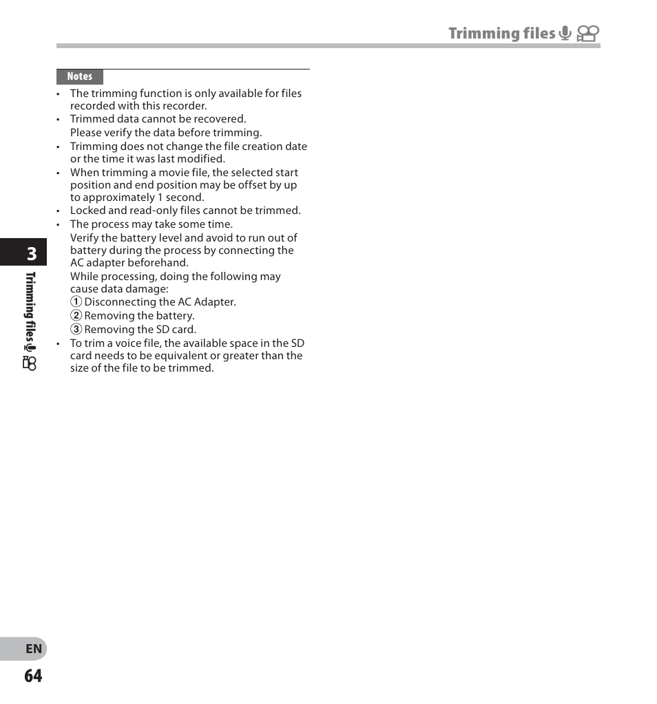 Trimming files a n | Olympus LS-20M User Manual | Page 64 / 112