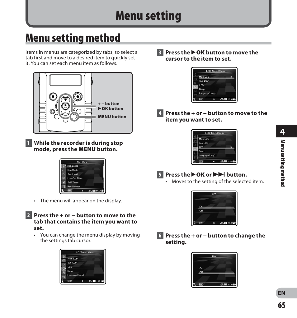 Menu setting, Menu setting method | Olympus LS-20M User Manual | Page 65 / 112