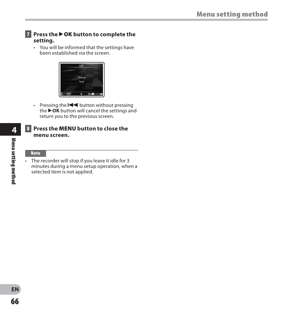 Menu setting method | Olympus LS-20M User Manual | Page 66 / 112