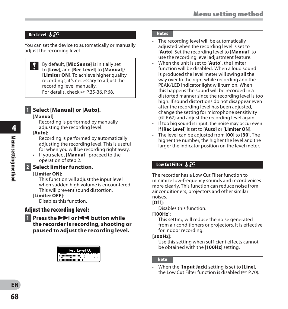 Menu setting method, Adjust the recording level | Olympus LS-20M User Manual | Page 68 / 112