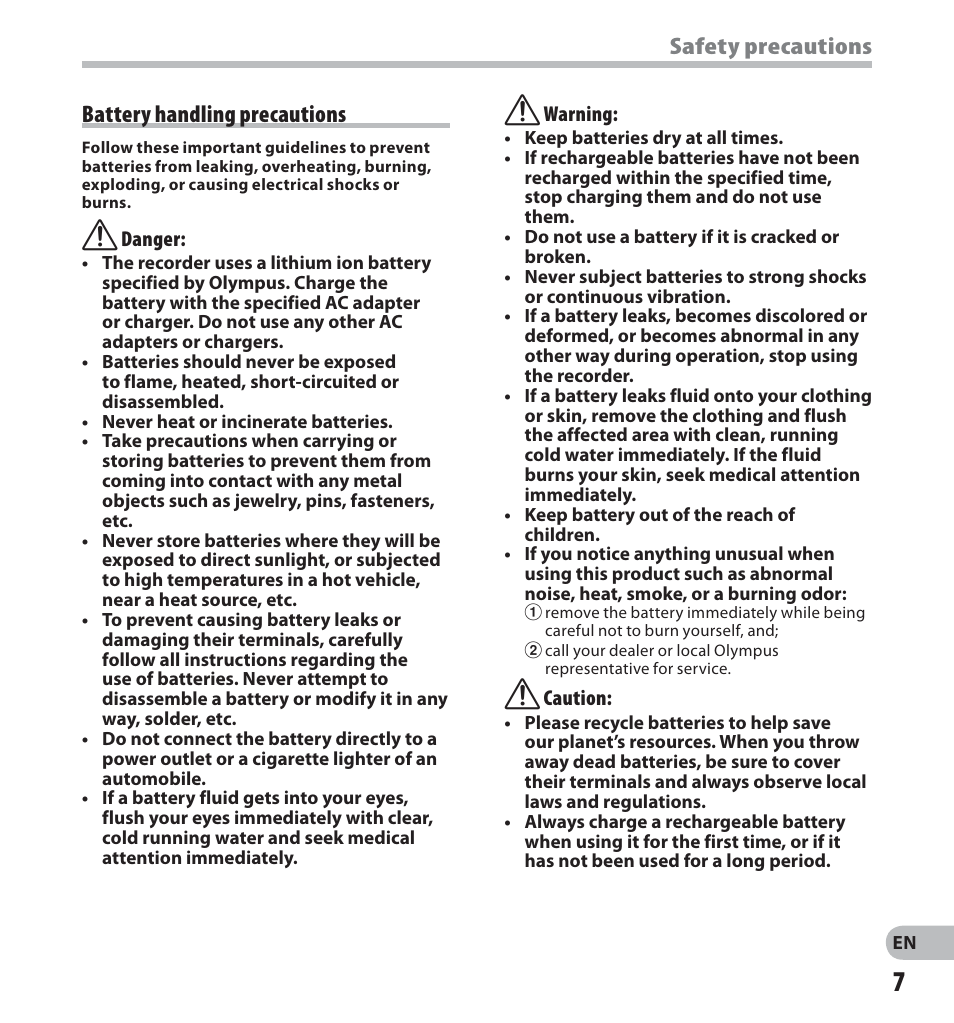 Battery handling precautions, Safety precautions | Olympus LS-20M User Manual | Page 7 / 112