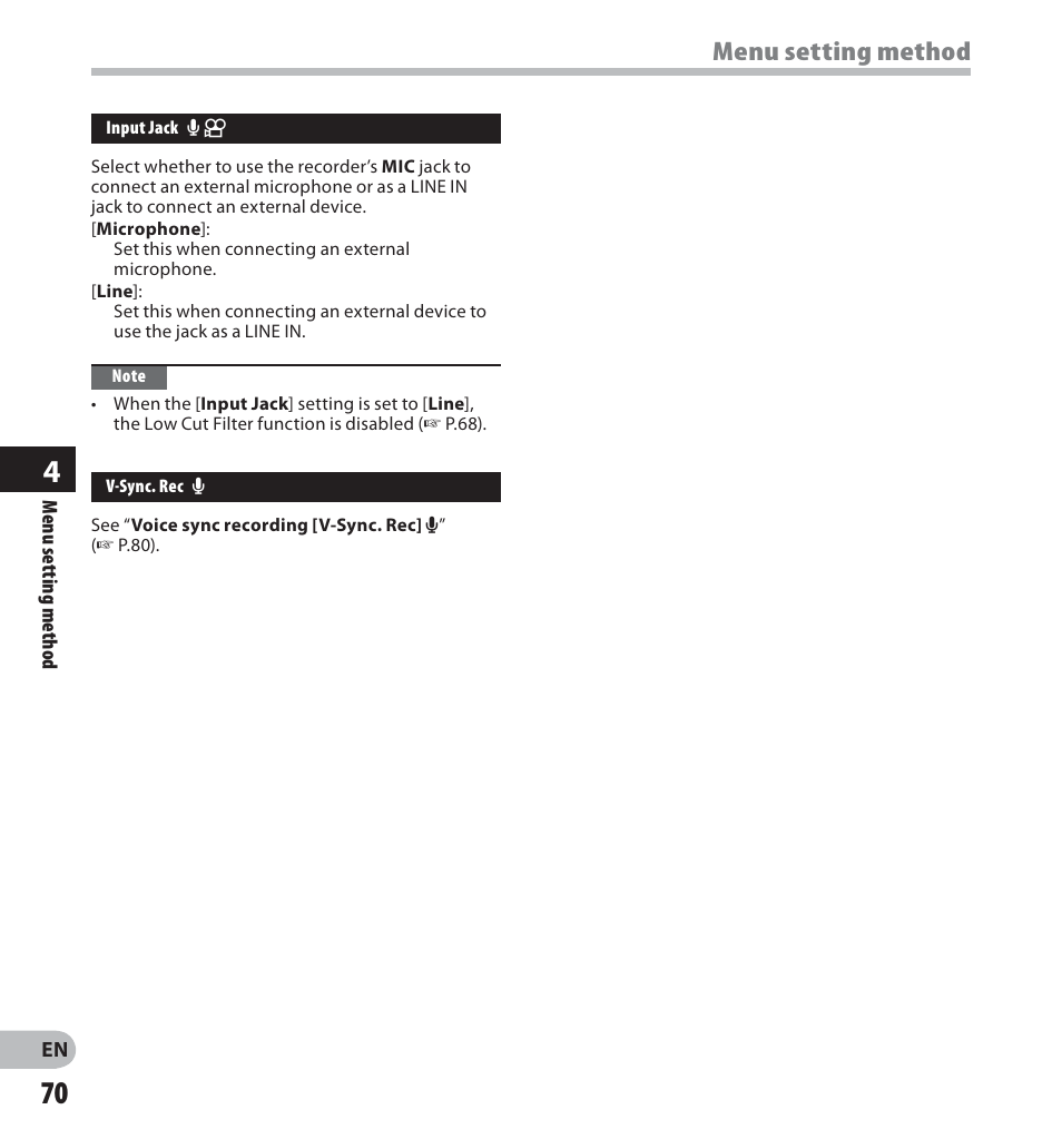 Menu setting method | Olympus LS-20M User Manual | Page 70 / 112