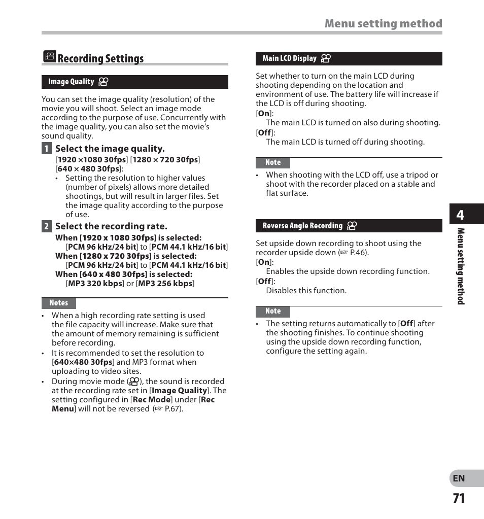 J recording settings, Menu setting method | Olympus LS-20M User Manual | Page 71 / 112