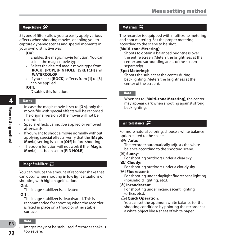 Menu setting method | Olympus LS-20M User Manual | Page 72 / 112