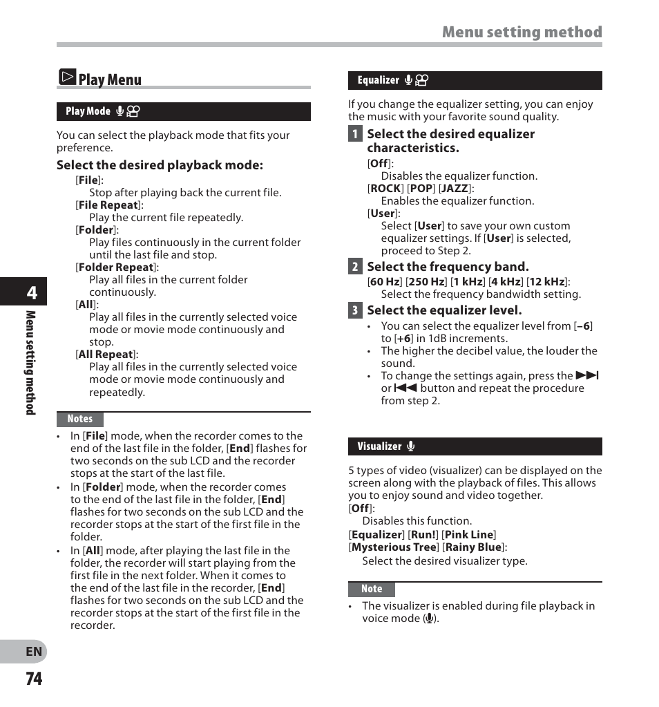 Play menu, Menu setting method | Olympus LS-20M User Manual | Page 74 / 112