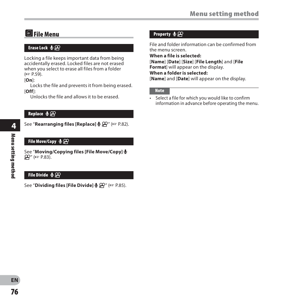 File menu, Menu setting method | Olympus LS-20M User Manual | Page 76 / 112
