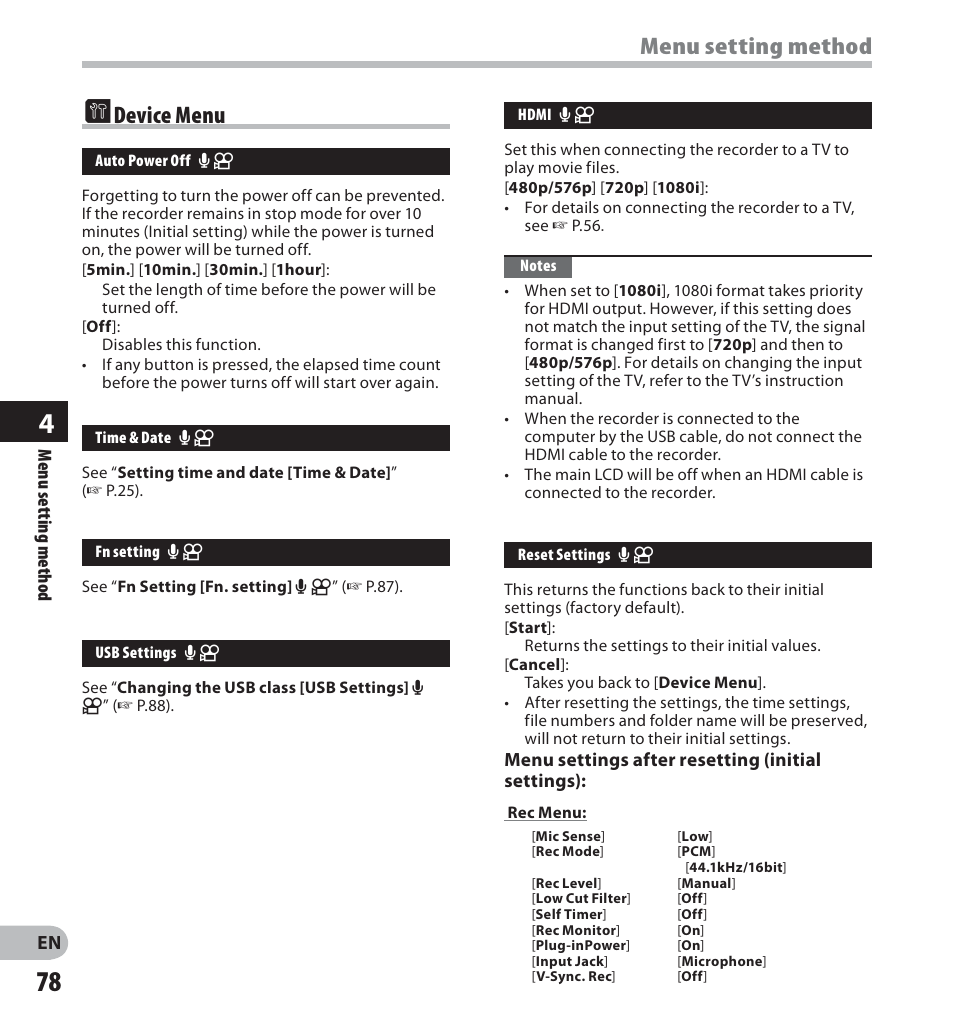 E device menu, Menu setting method | Olympus LS-20M User Manual | Page 78 / 112