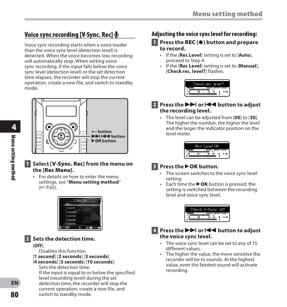 Voice sync recording [v-sync. rec] a, Menu setting method | Olympus LS-20M User Manual | Page 80 / 112