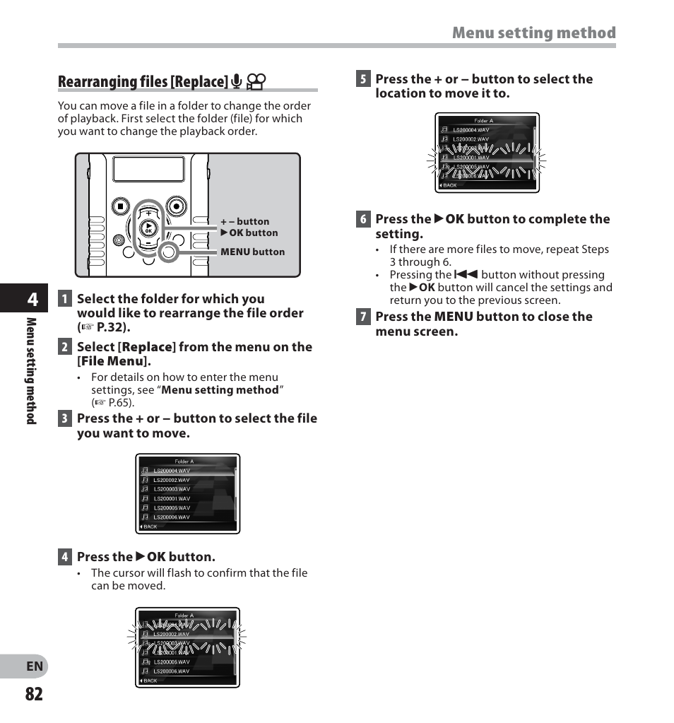 Rearranging files [replace] a n, Menu setting method | Olympus LS-20M User Manual | Page 82 / 112
