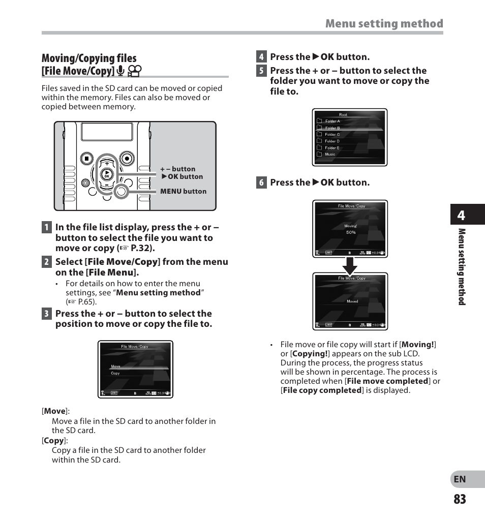 Moving/copying files [file move/copy] a n, Menu setting method | Olympus LS-20M User Manual | Page 83 / 112