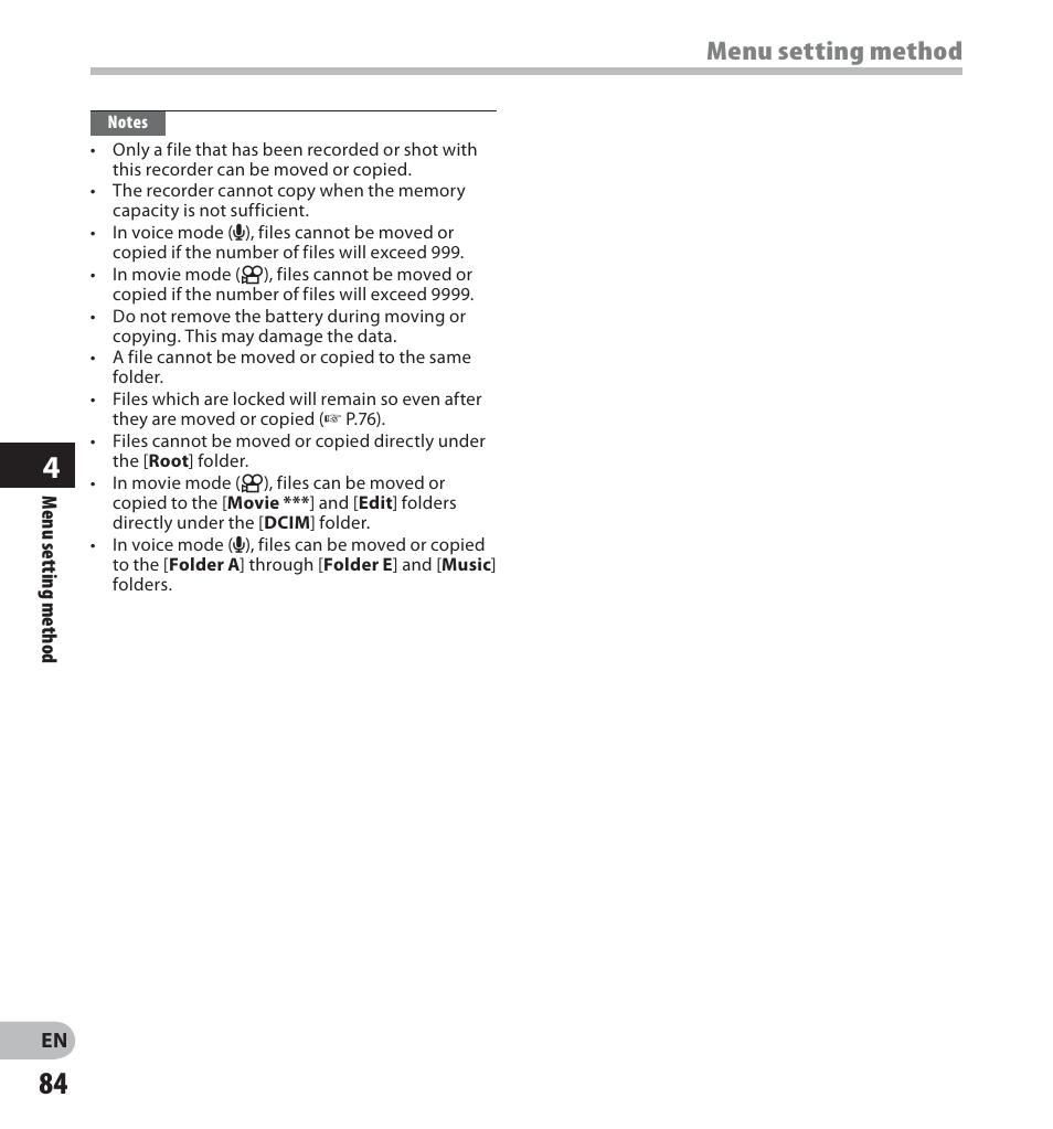 Menu setting method | Olympus LS-20M User Manual | Page 84 / 112