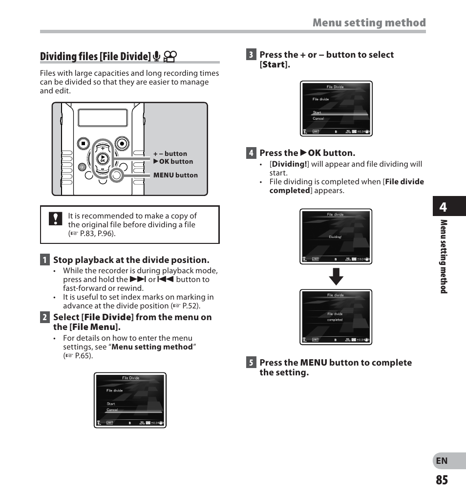 Dividing files [file divide] a n, Menu setting method | Olympus LS-20M User Manual | Page 85 / 112