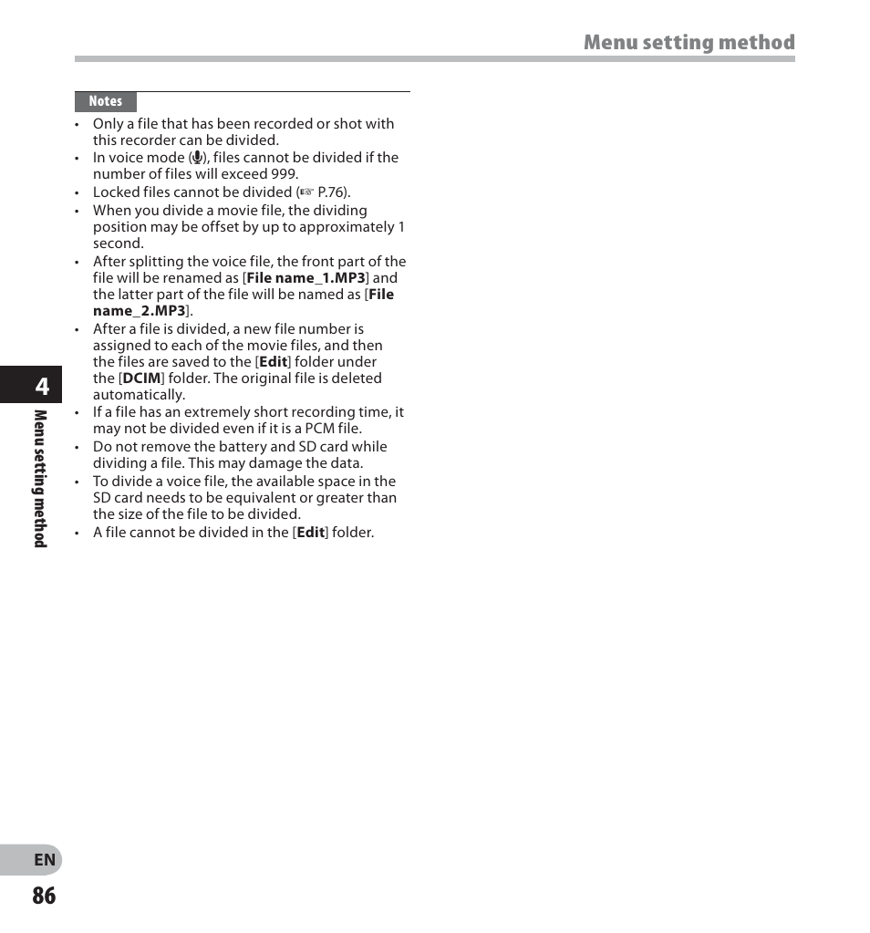 Menu setting method | Olympus LS-20M User Manual | Page 86 / 112