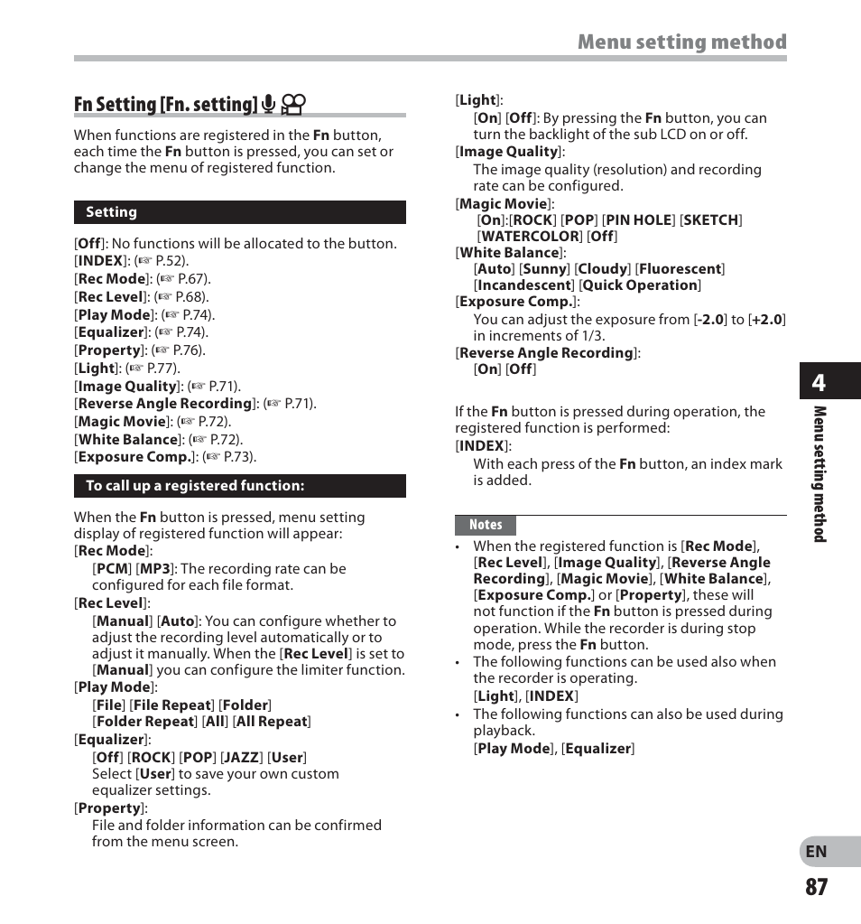 Fn setting [fn. setting] a n, Menu setting method | Olympus LS-20M User Manual | Page 87 / 112