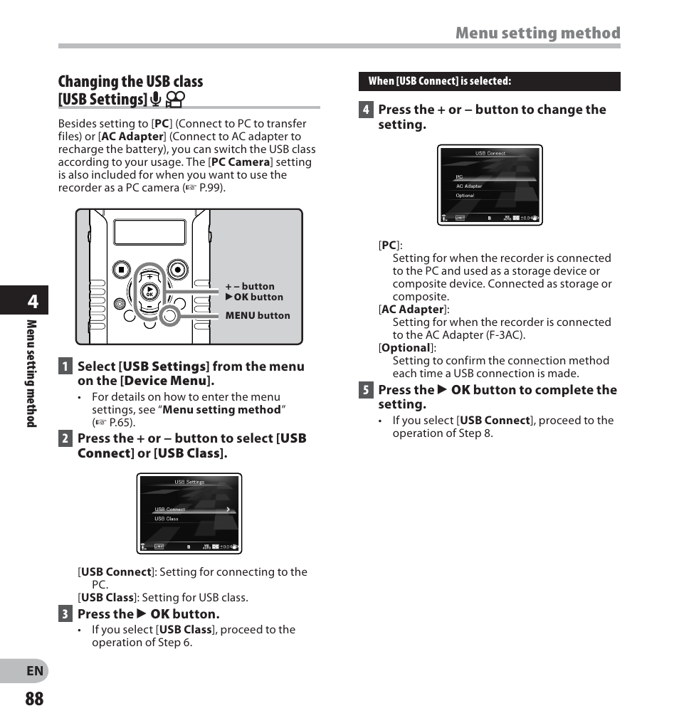 Changing the usb class [usb settings] a n, Menu setting method | Olympus LS-20M User Manual | Page 88 / 112