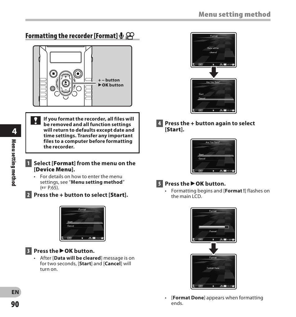 Formatting the recorder [format] a n, Menu setting method | Olympus LS-20M User Manual | Page 90 / 112