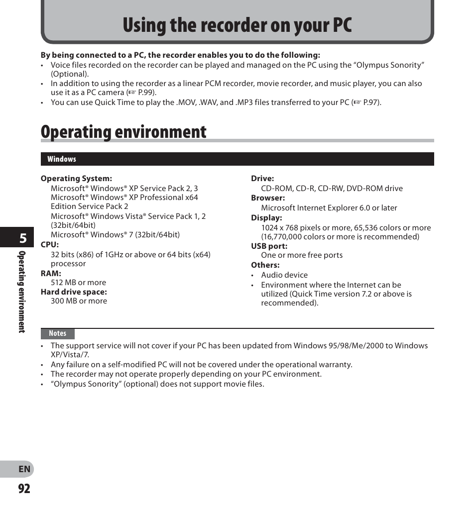 Using the recorder on your pc, Operating environment | Olympus LS-20M User Manual | Page 92 / 112