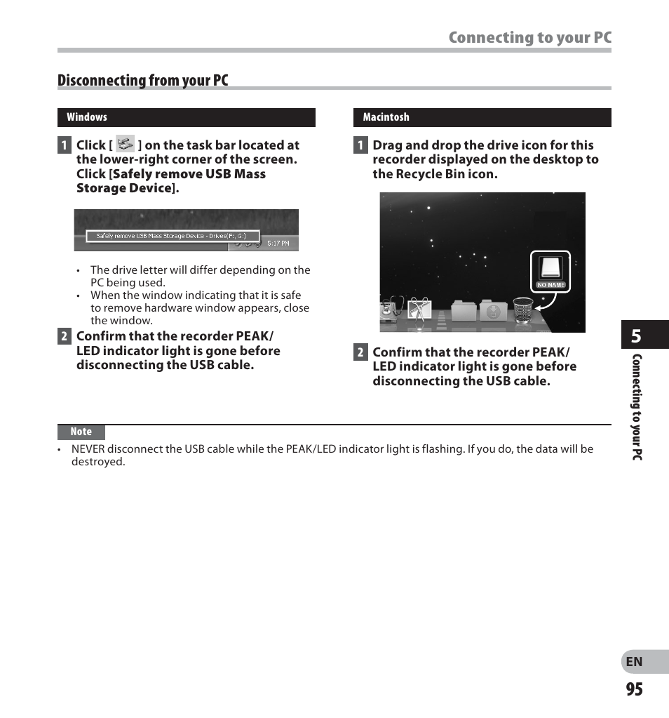 Disconnecting from your pc, Connecting to your pc | Olympus LS-20M User Manual | Page 95 / 112
