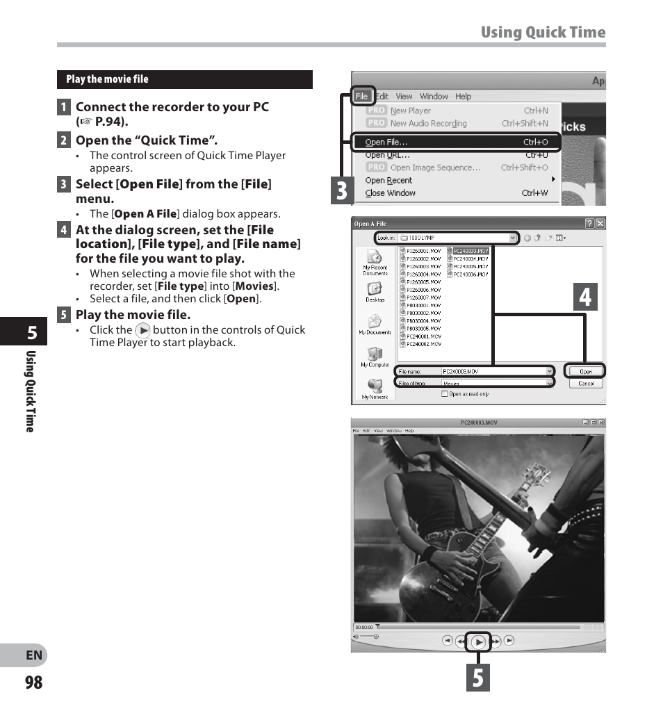 Using quick time | Olympus LS-20M User Manual | Page 98 / 112