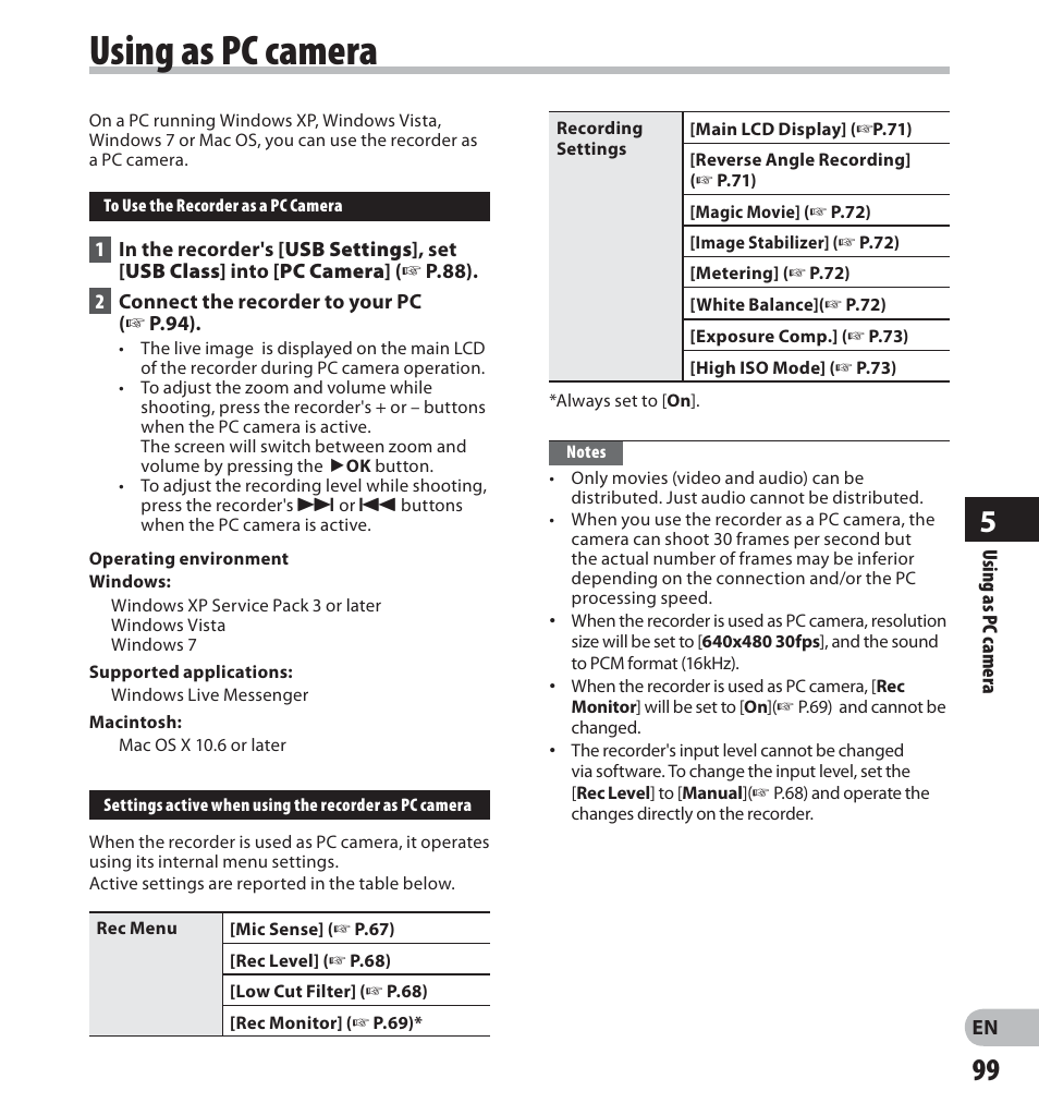 Using as pc camera | Olympus LS-20M User Manual | Page 99 / 112