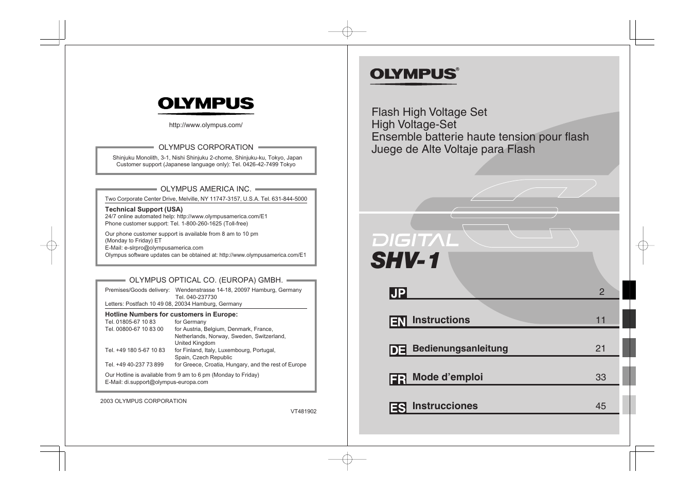 Olympus FLASH HIGH VOLTAGE SET FS-HV1 User Manual | 30 pages