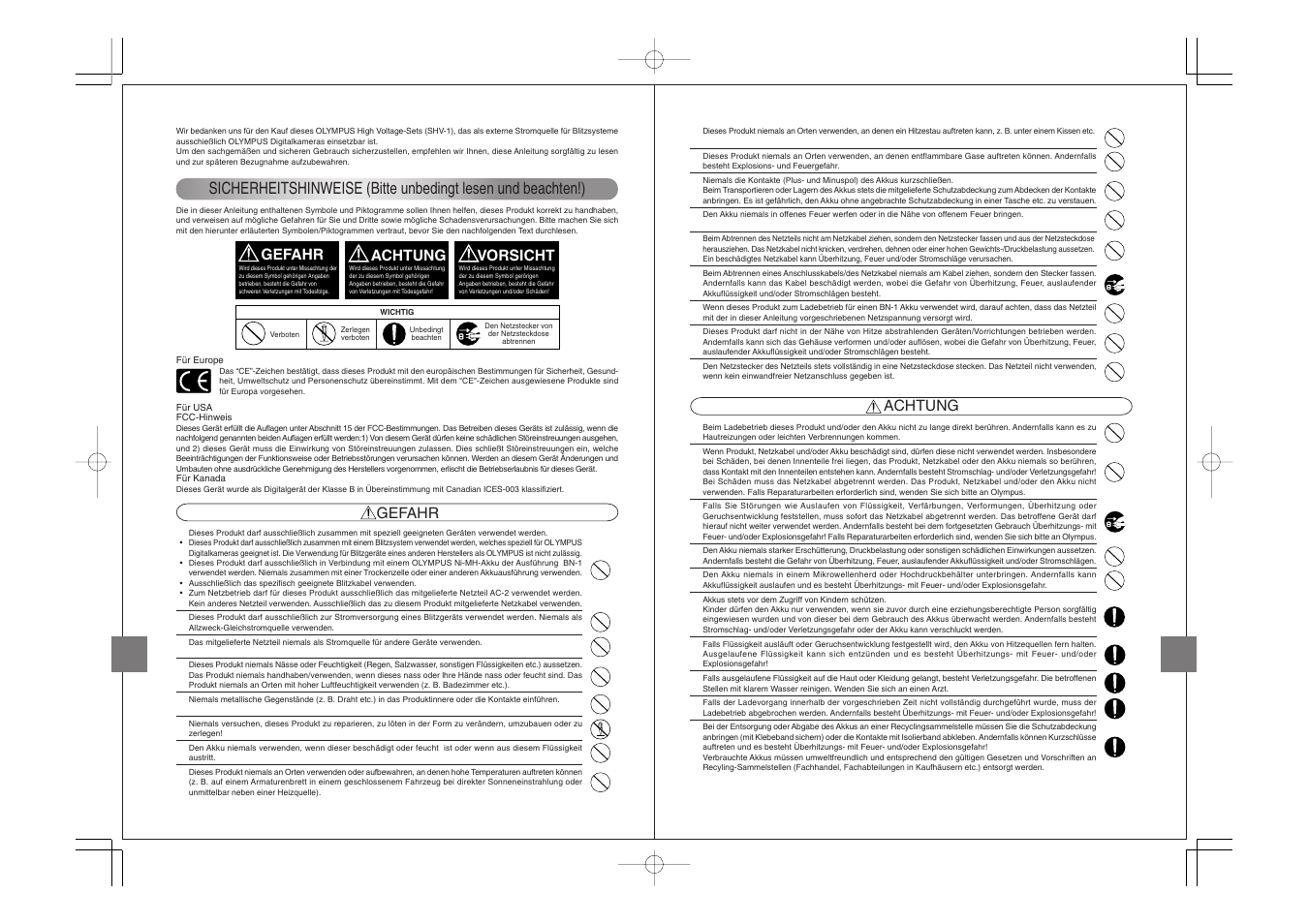 Gefahr, Achtung, Vorsicht | Olympus FLASH HIGH VOLTAGE SET FS-HV1 User Manual | Page 12 / 30