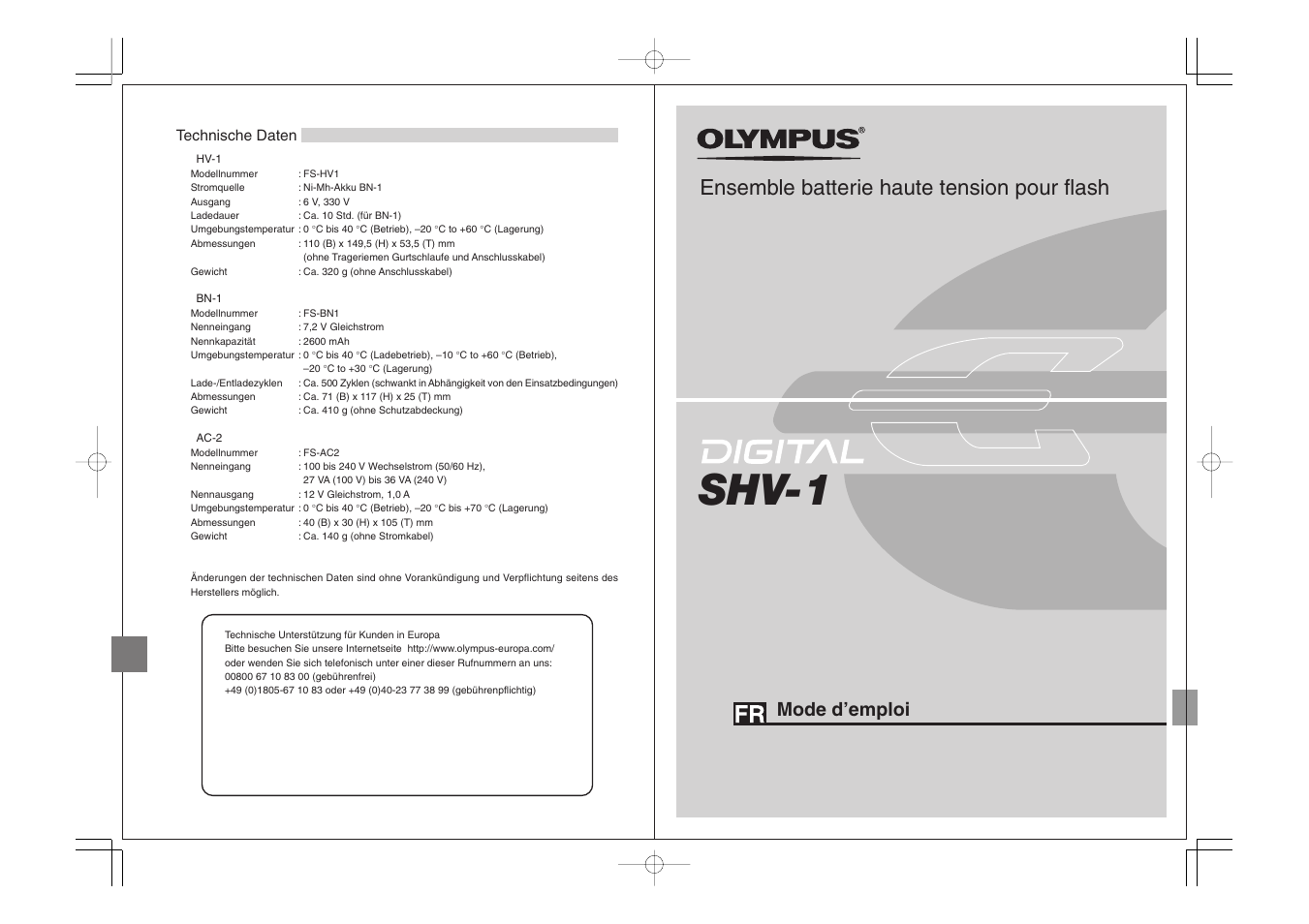 Shv-1, Ensemble batterie haute tension pour flash, Mode d’emploi | Olympus FLASH HIGH VOLTAGE SET FS-HV1 User Manual | Page 17 / 30